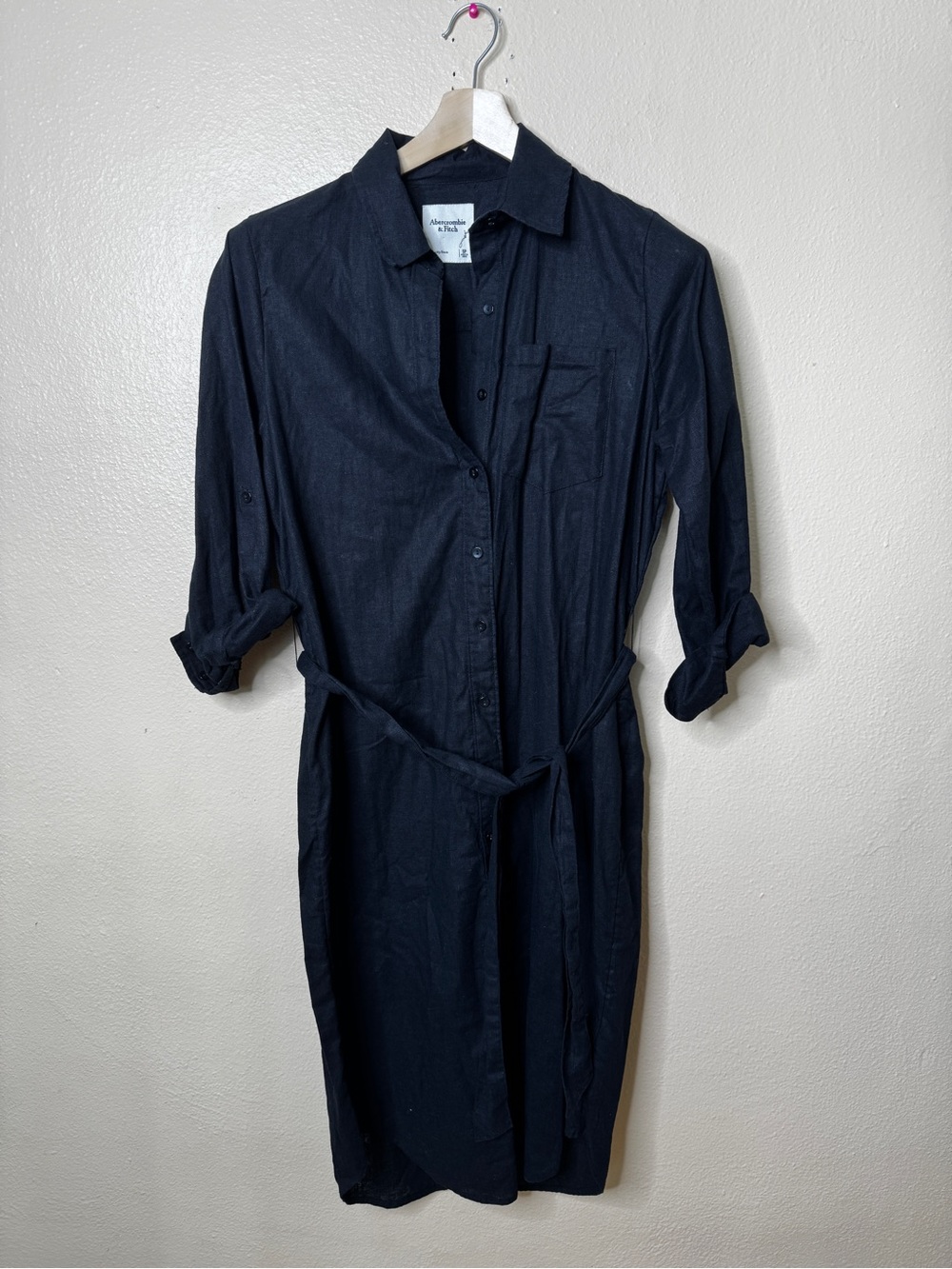 Abercrombie & Fitch Women’s SP Black Linen Cotton Belted Shirt Dress Midi